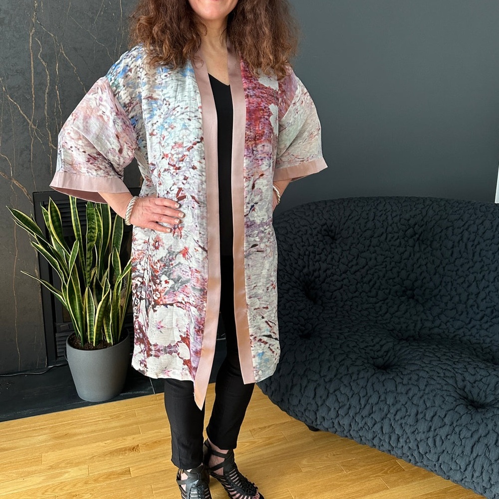 Love’s Pure Light Almond Blossoms Silk & Linen Kimono D-524, OS